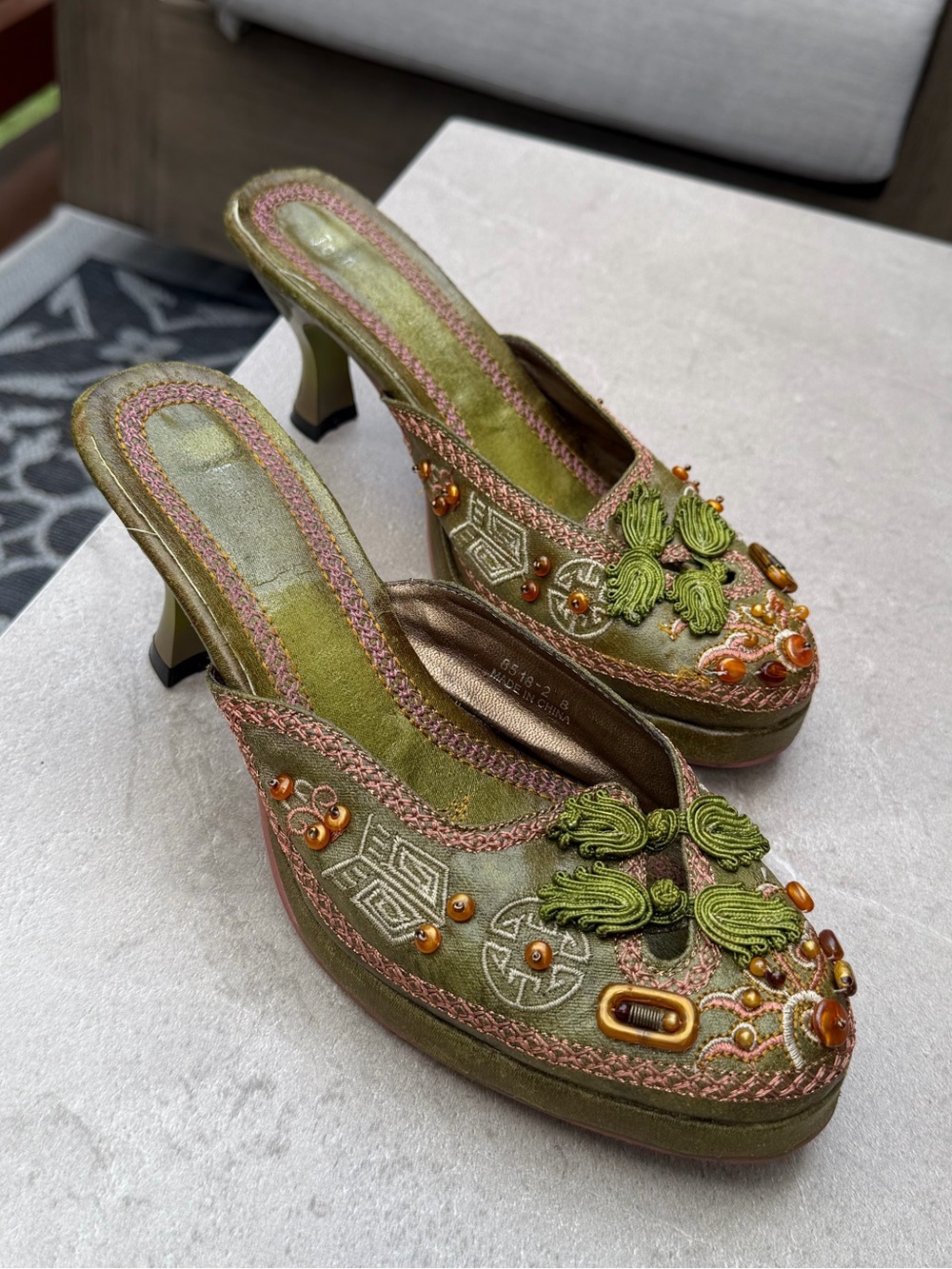 Vintage 90s Y2K Whimsigoth Beaded Embroidered Kitten Heel Mules